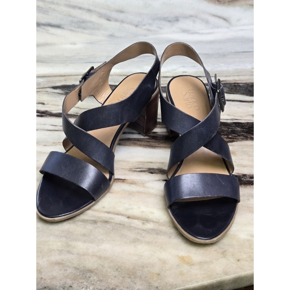 Franco Sarto Navy Blue Leather Strappy Block Heel Sandals